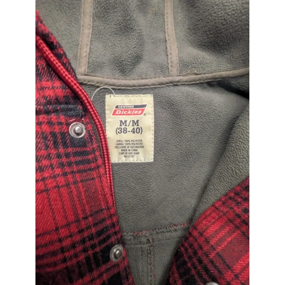 Dickies Plaid Flannel Jacket Fleece‎ Lined Mens Medium Red Check Snap Up Hoodie